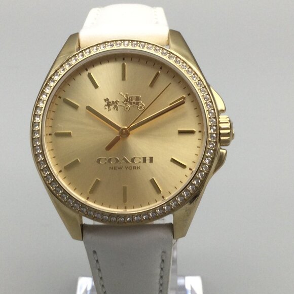Coach Watch Women 37mm Gold Tone Pave Bezel Logo Dial White Leather New Battery - Picture 1 of 14